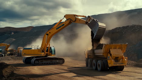 heavy excavator loading dirt into a dump truck at a construction site