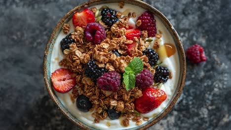 close-up of a bowl of yogurt with granola and berries