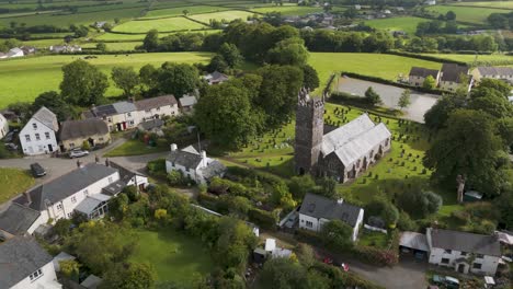 aerial view of a picturesque village with a church