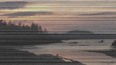coastal landscape showing rocky shoreline and evergreen headland at dusk, animated flat design
