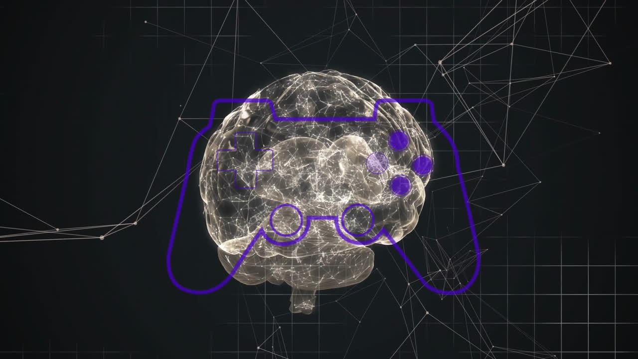 Animation of brain with game controller on digital network background