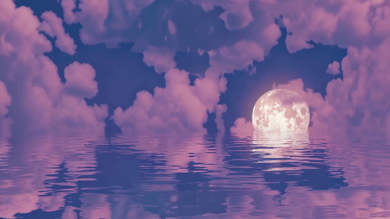水面に大きな月が映り込み、ピンク色に囲まれたローアングルの幻想的な映像
