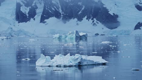 Blue-Ice-Icebergs-in-Antarctica,-Ice-Formation-Floating-on-Ocean-Sea-Water-in-Beautiful-Antarctic-Peninsula-Winter-Scenery,-Amazing-Nature-in-Coastal-Coast-Scene-with-Calm-Still-Water