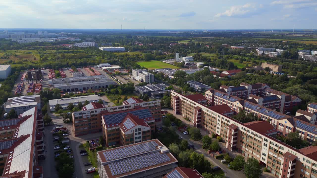 Wonderful aerial top view flight Large panel system building Apartment, prefabricated housing complex, Berlin Marzahn East German summer 2023