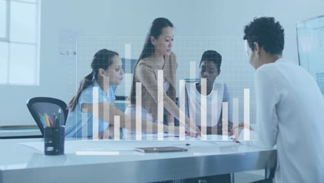 business team collaborating at table with bar graph animation over them