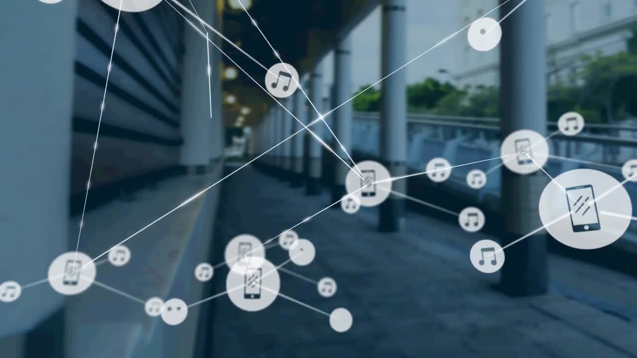 현대적인 건물 위의 아이콘과 연결 네트워크의 애니메이션