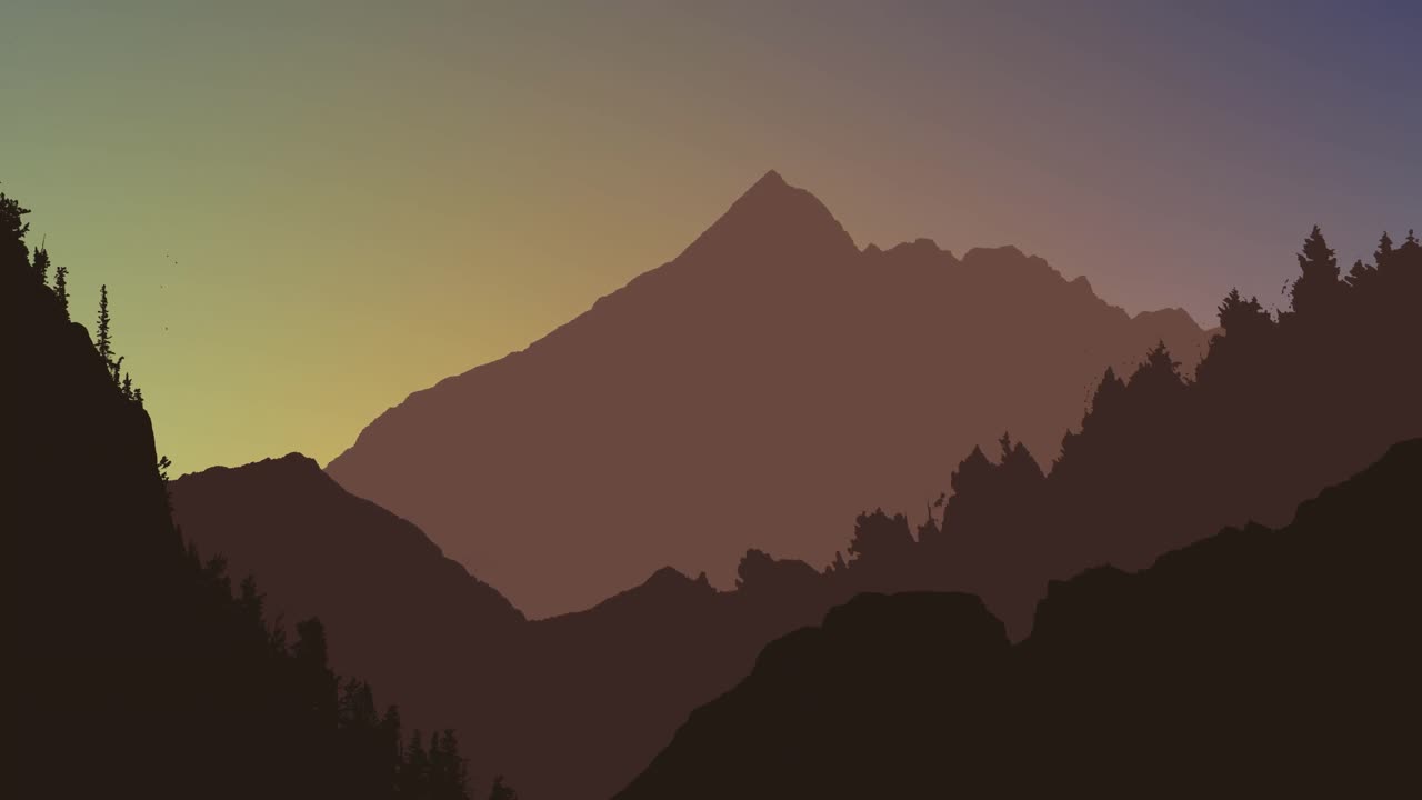 animación de montañas y árboles durante la puesta de sol