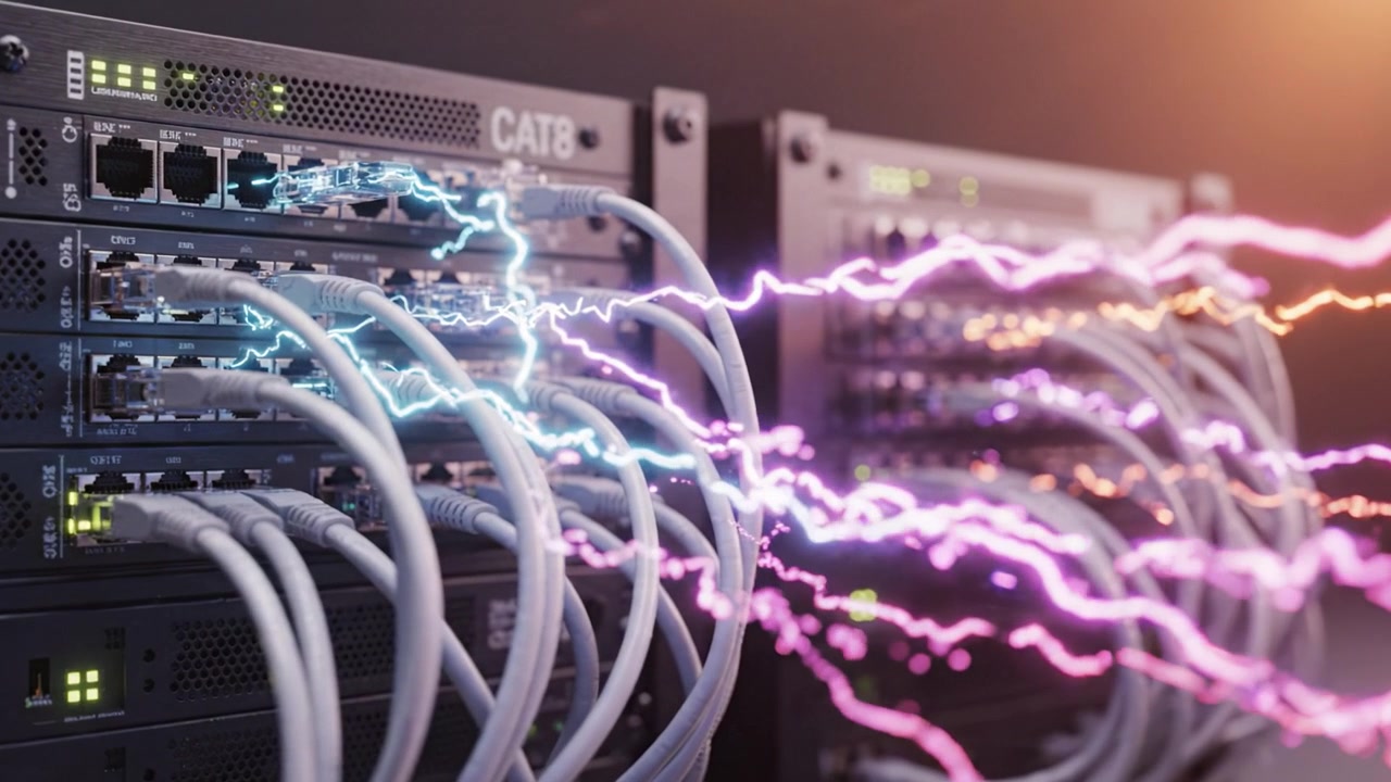High-Speed Network Infrastructure with CAT8 Cables and Dynamic Data Flow Illuminating the Server Room Environment in a Technological Setting