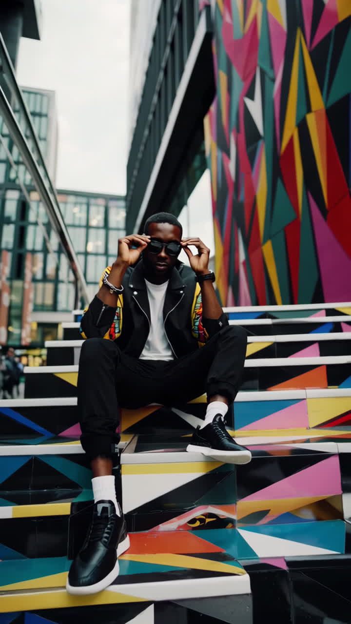 Stylish man on colorful geometric steps in urban setting