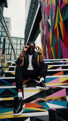 stylish man on colorful geometric steps in urban setting