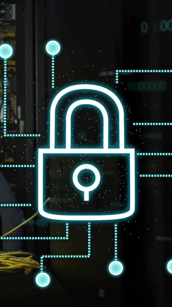 Working with network cables in server room, technician with lock and cybersecurity animation