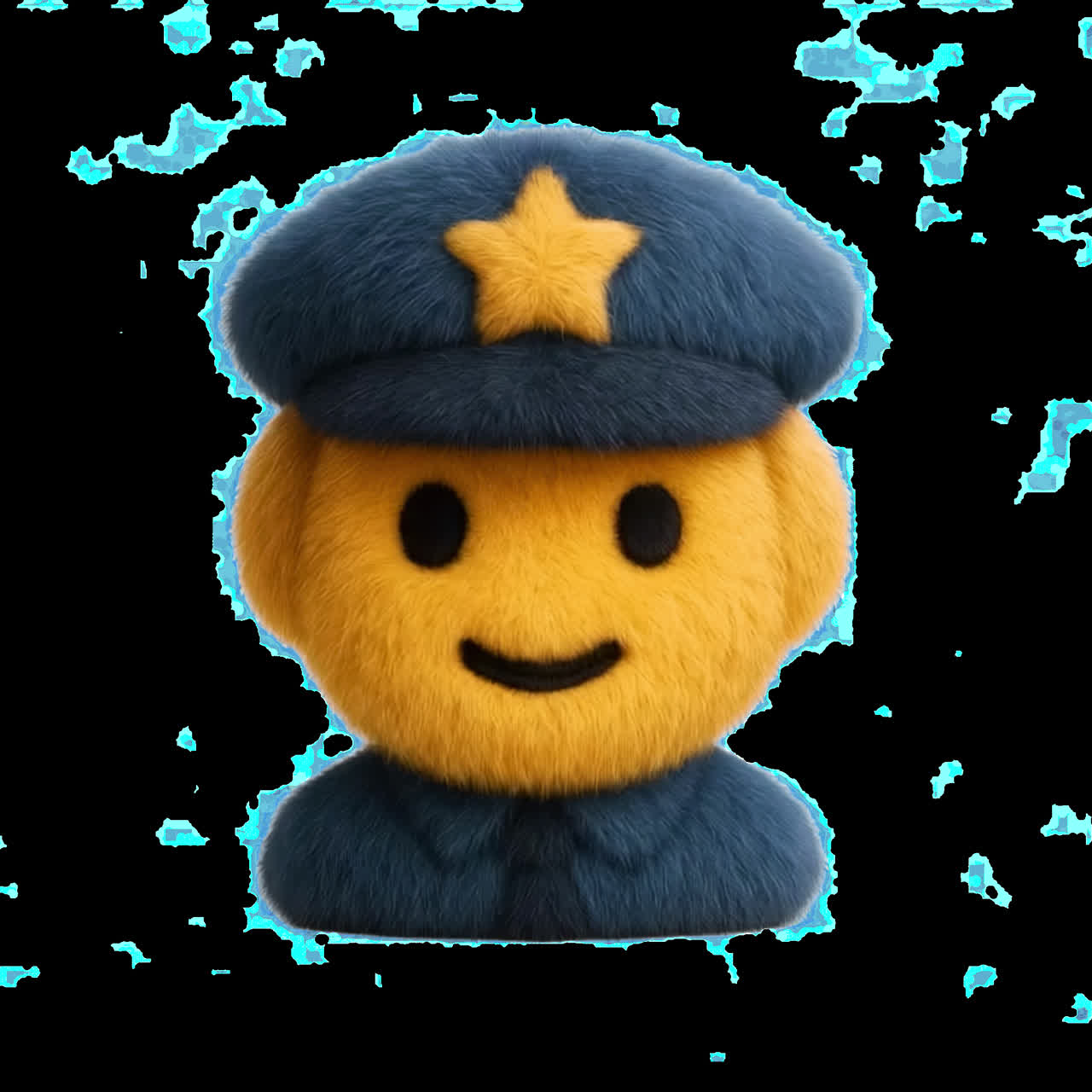 Fuzzy police emoji figure smiling animation isolated asset, transparent 4K video, alpha channel