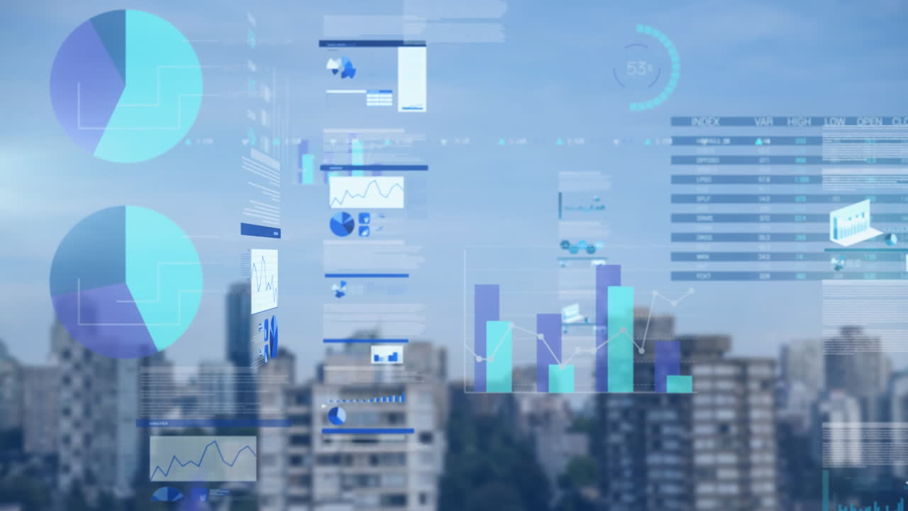 Animation of data processing over cityscape