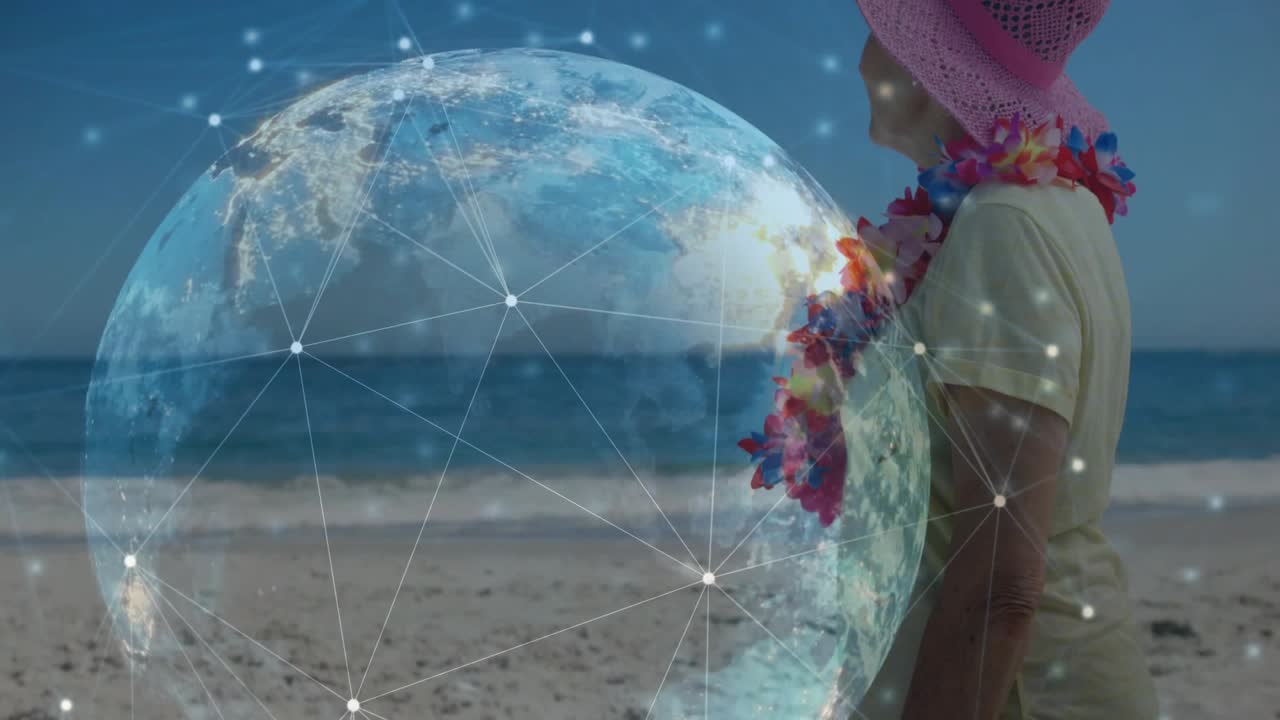 Garota de pé na praia, sistema iniciando, hologlobo crescendo perto da pessoa e revelando nós tecnológicos.