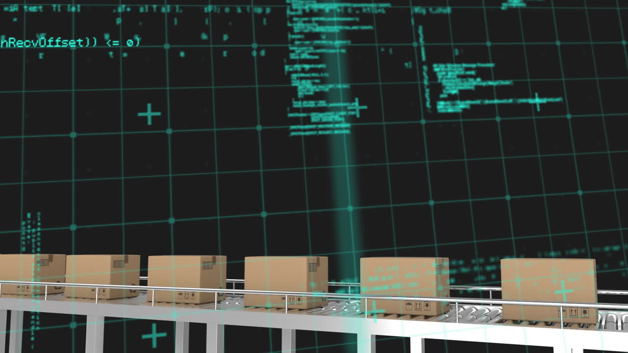 컨베이어 벨트에 있는 여러 배달 상자에 대한 그리드 네트워크를 통한 데이터 처리