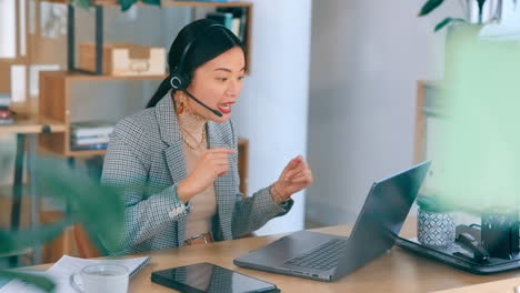 asian woman, video call and laptop with headset