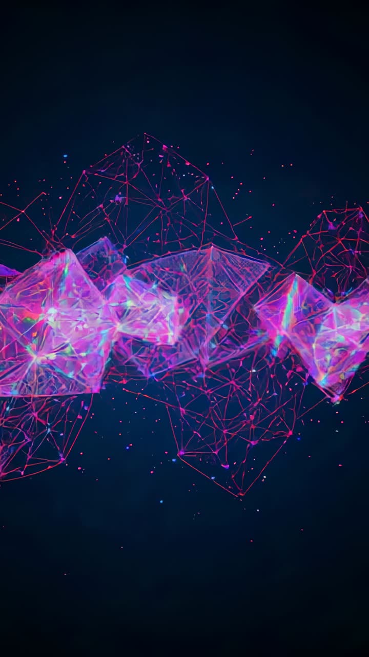 Video verticale: rete poliedrica animata pulsante, che si frammenta nel vuoto scuro, con nodi luminosi