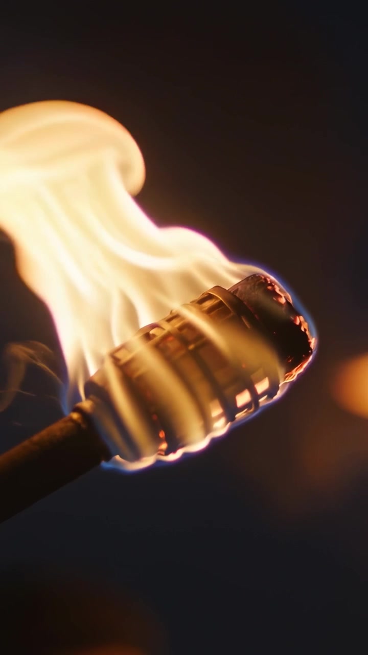 Vertical video: Burning caged torch head tilting, curling flame at night after spark, with ember