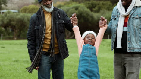 family, swinging and park walk with grandfather