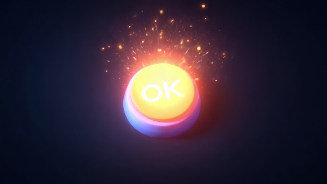 An animated and visually striking button labeled 'OK' featuring a vibrant color palette and dynamic spark effects, perfect for representing confirmation and agreement in digital interfaces