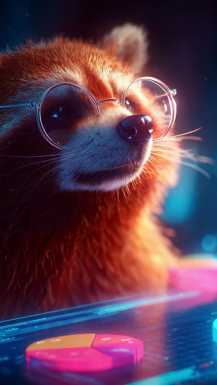 Un adorabile batuffolo di pelo con occhiali rotondi interagisce vivacemente con dei colorati elementi di gioco in un ambiente digitale dinamico, creando un'atmosfera energica e giocosa.