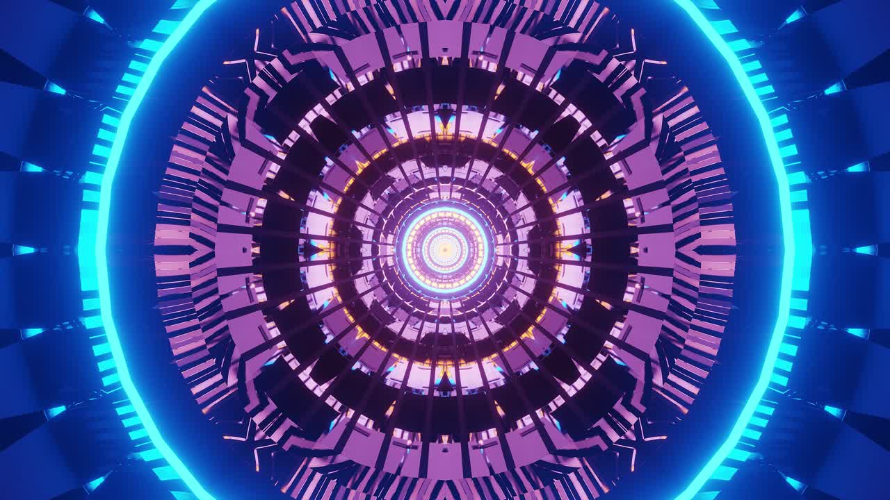 gráficos de movimiento computarizados de coloridos círculos de neón brillantes que brillan y emiten desde el centro