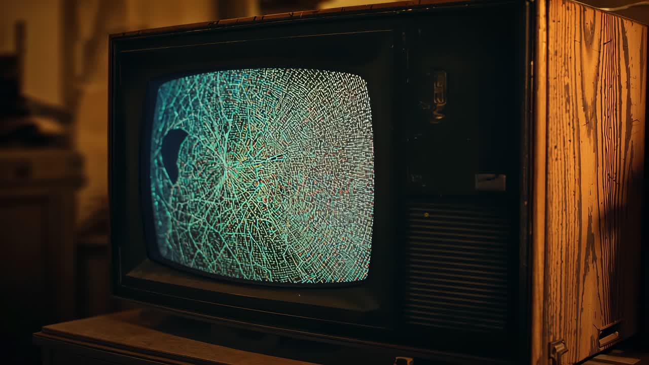 Receiving power wooden-cased CRT TV flickering cracked screen in dim room, with glitch effect