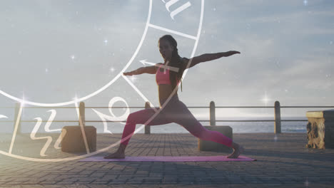 animation of horoscope over biracial woman stretching on promenade