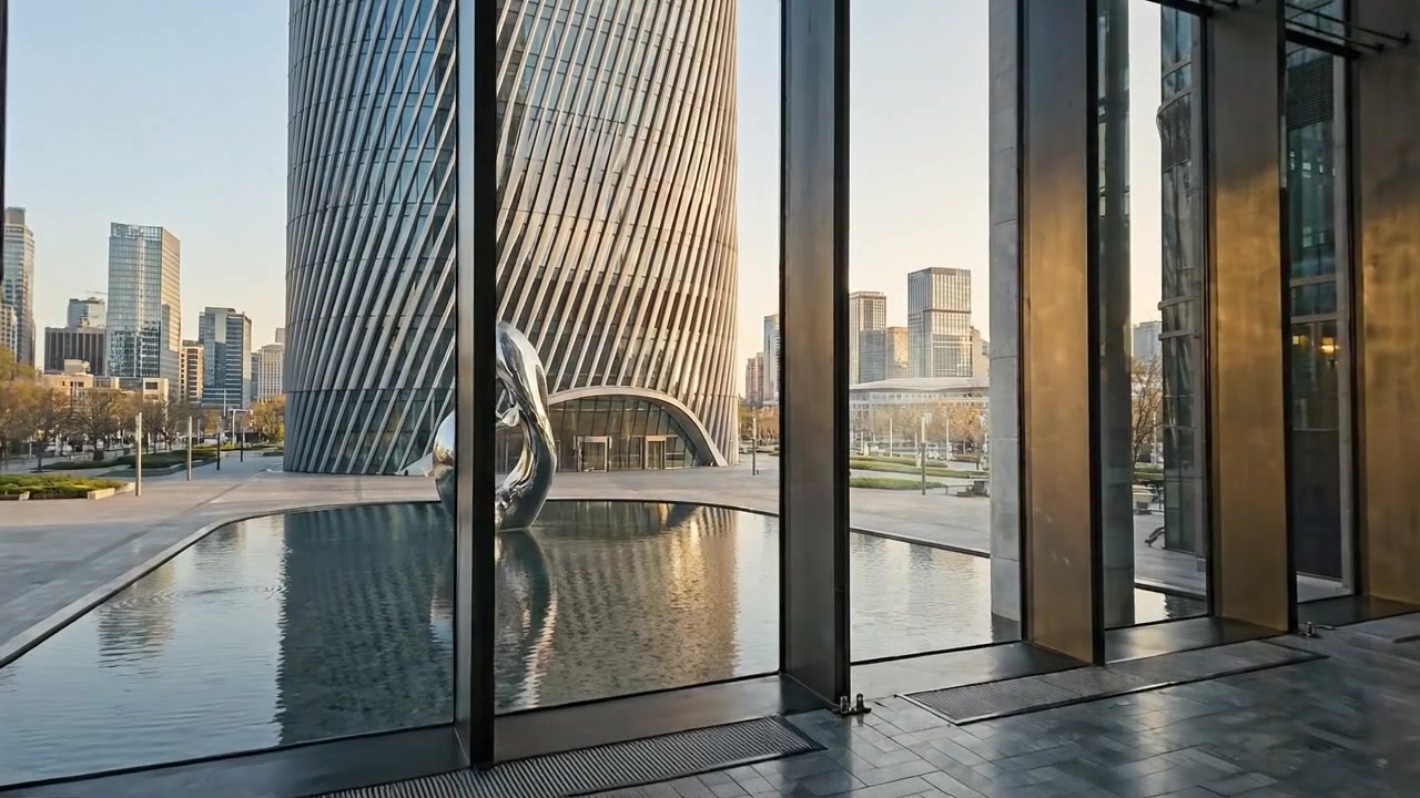 Lobby de Escritório Corporativo Moderno e Interior de Vidro com Vista para o Horizonte da Cidade