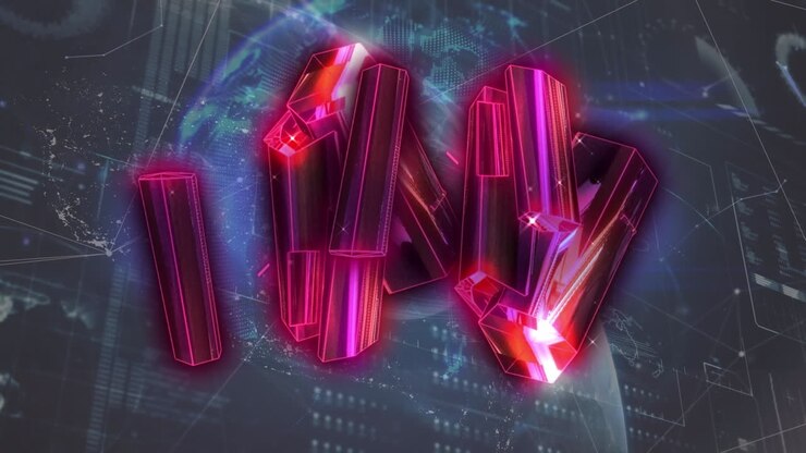 Animation of cluster of pink metallic shapes over globe and data processing on black background