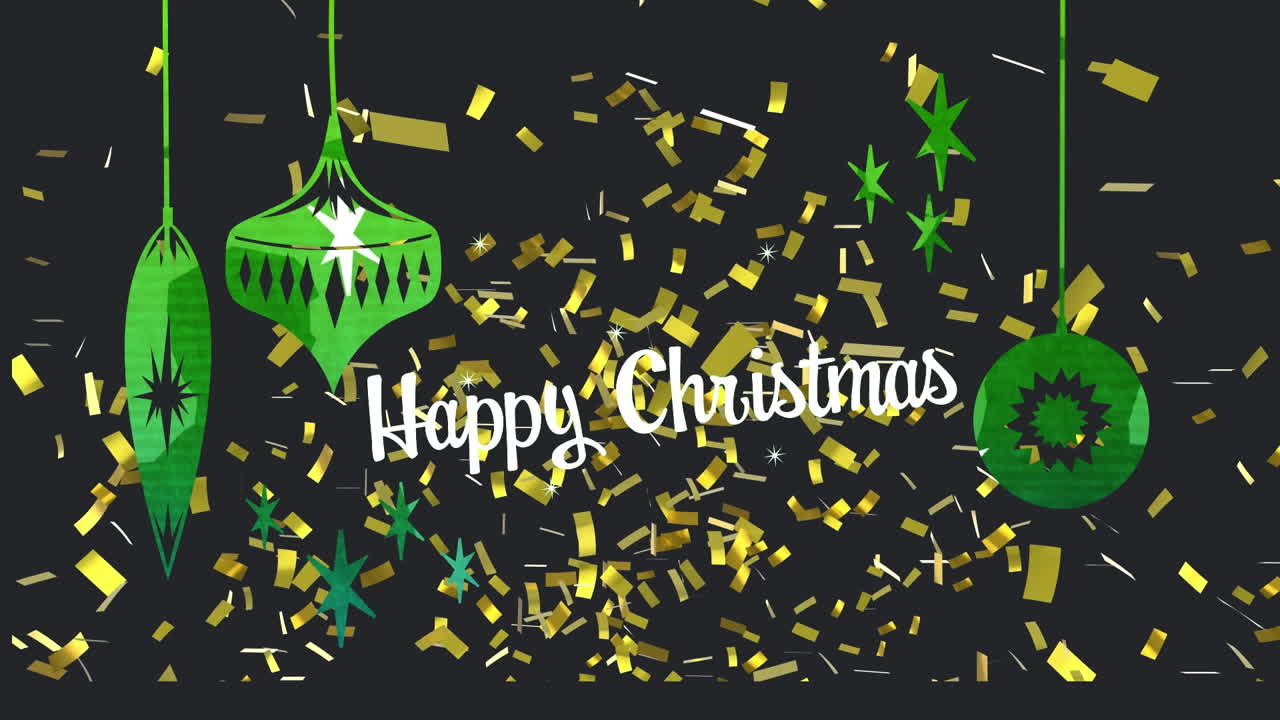 ⁇ 색 텍스트의 애니메이션 크리스마스 축하, 금색 콘페티와 녹색 장식, 검은색에 매달려