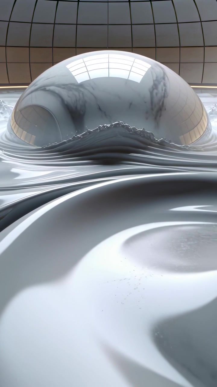 Video verticale: Modellazione di una superficie lucida che forma una cupola centrale in studio, con un ugello che appare e crea increspature