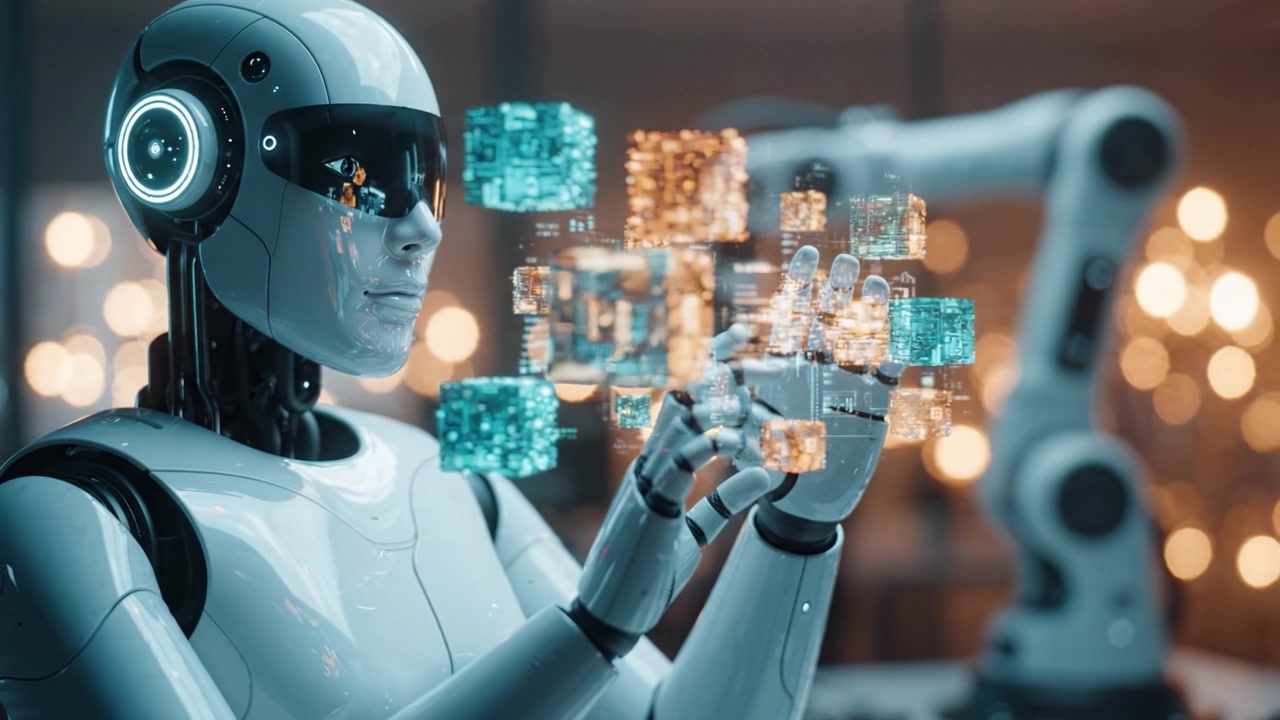 Futuristic robotic innovation depicted in two frames showcasing an advanced humanoid robot with artificial intelligence and precision engineering at work.