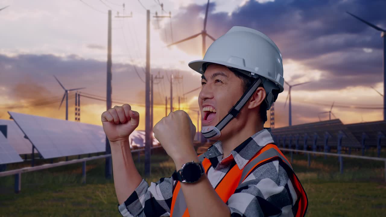 Close Up Of Side View Of Asian Male Engineer With Safety Helmet Screaming Goal Celebrating Working With Solar Panel and Wind Turbines