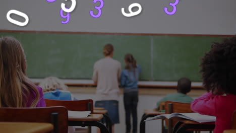 múltiples números cambiantes flotando contra un grupo de estudiantes que estudian en la escuela