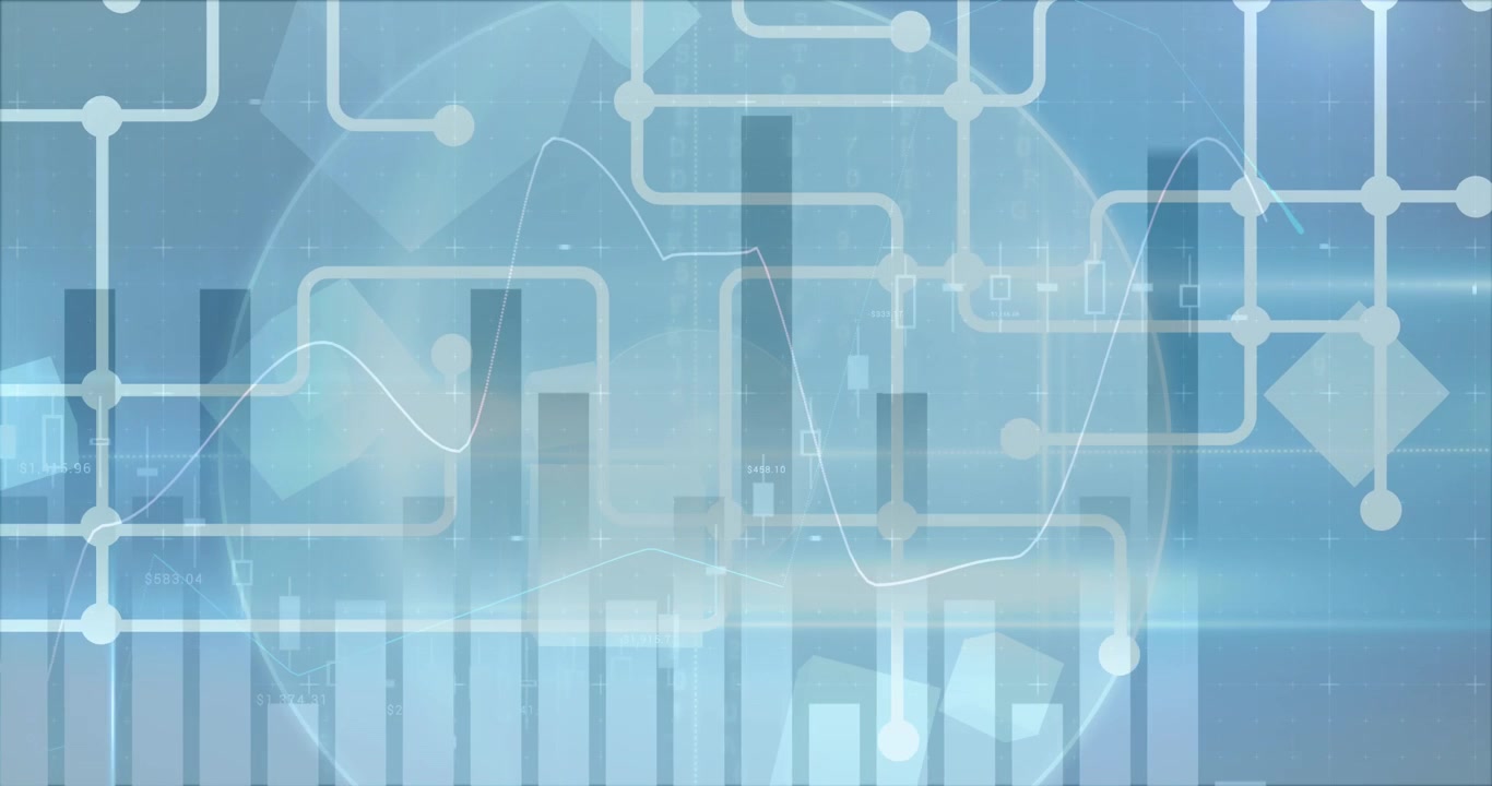 Animation of financial graphs moving over blue background with globe and connections