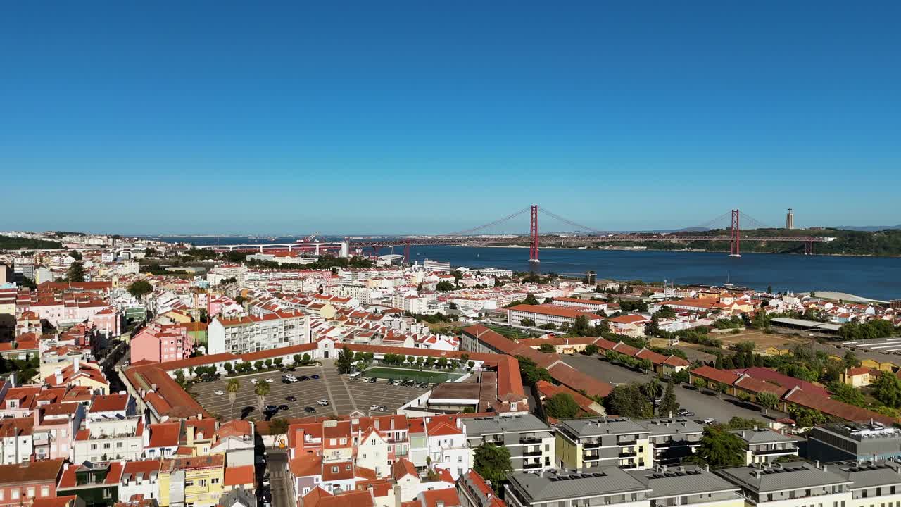 Panoramic Aerial View of Lisbon Cityscape with 25 de Abril Bridge and Tagus River