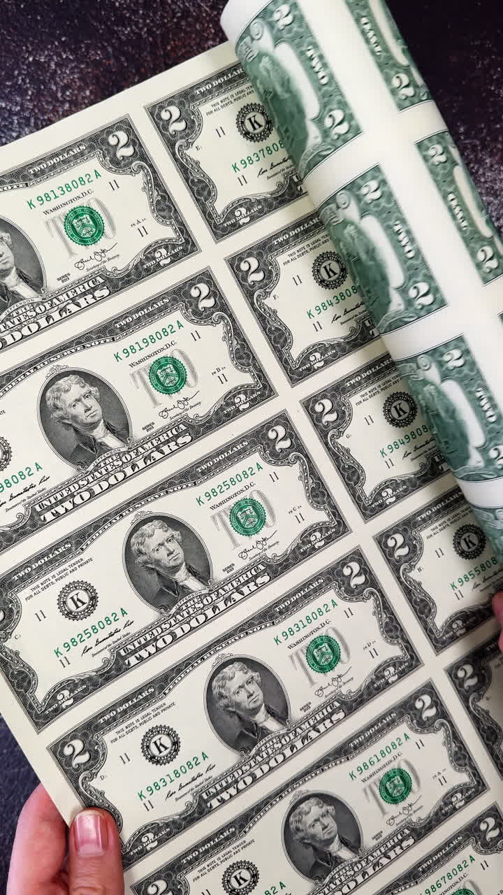 Un grande foglio di carta con la stampa di banconote è aperto. Banconote da due dollari non tagliate. Primo piano. Video verticale