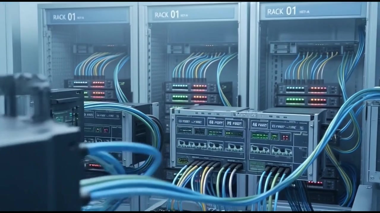 Modern Data Center Server Racks with Blinking Network Equipment