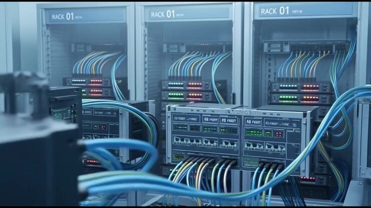 Modern Data Center Server Racks with Blinking Network Equipment