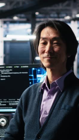 vertical video smiling data center manager filming presentation, showcasing ai equipment