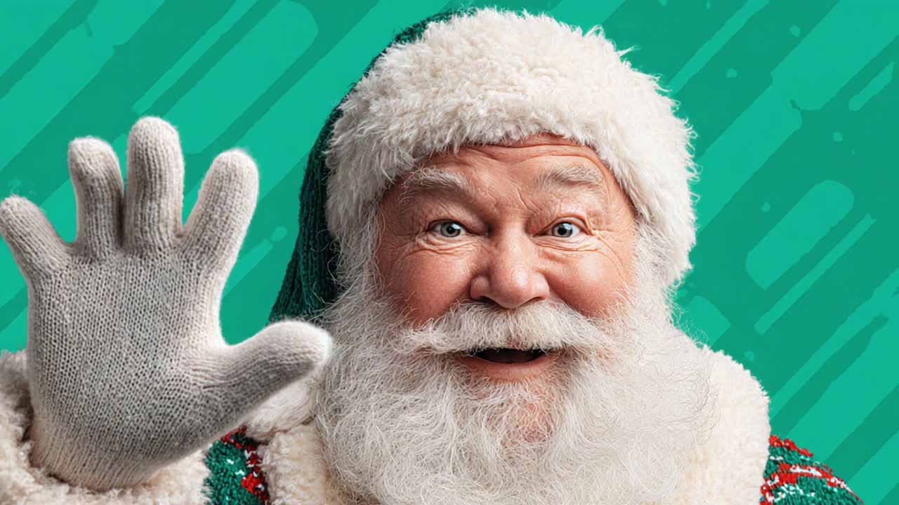 Cheerful Santa Claus Waving with a Joyful Smile Against a Bright Green Background, Spreading Holiday Spirit and Festive Cheer