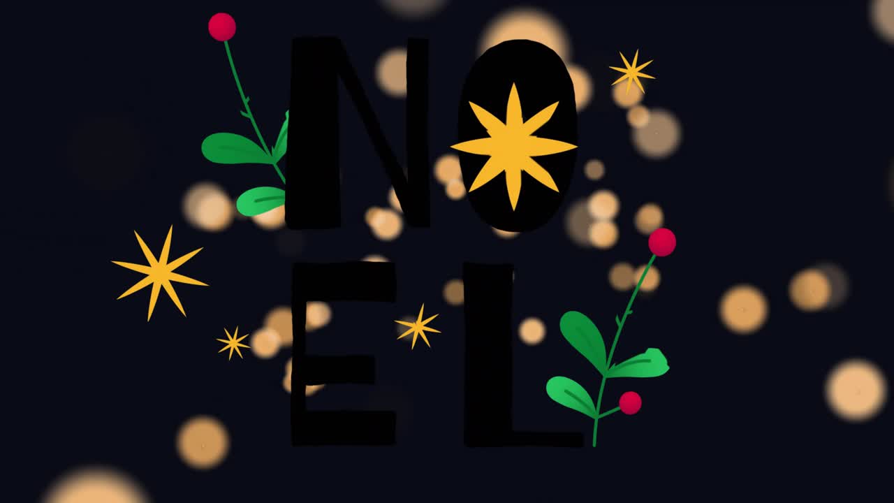 Golden circles drifting with NOEL letters fading berries popping stars twinkling showing greeting