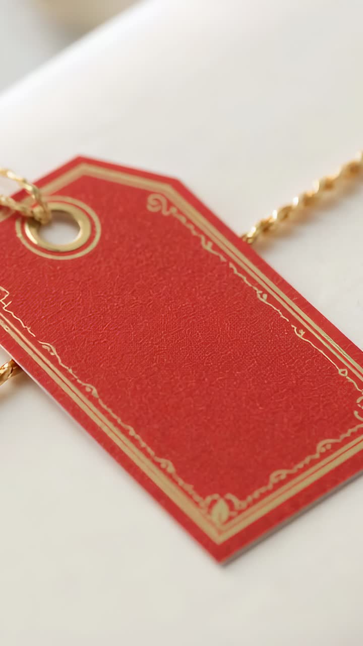 Vertical video: Shifting camera, red tag rotating on white surface, revealing gold eyelet and chain