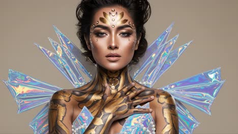 stunning portrait of an artistic model showcasing intricate body art with a shimmering holographic backdrop and exquisite makeup details