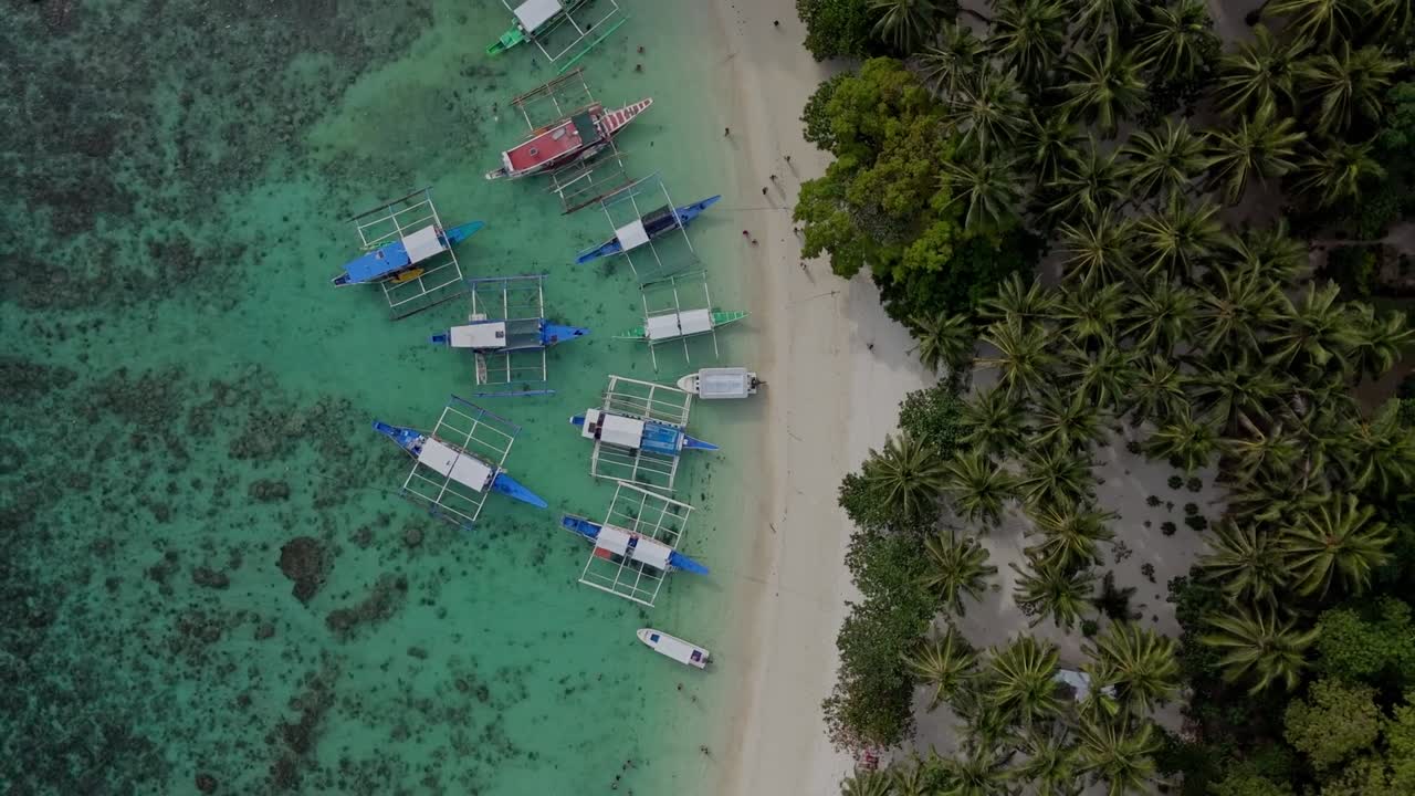 Dron volando hacia arriba desde Papaya Beach. Vista cenital de arrecifes de coral, barcos tradicionales y palmeras que revelan la belleza de El Nido, Filipinas.