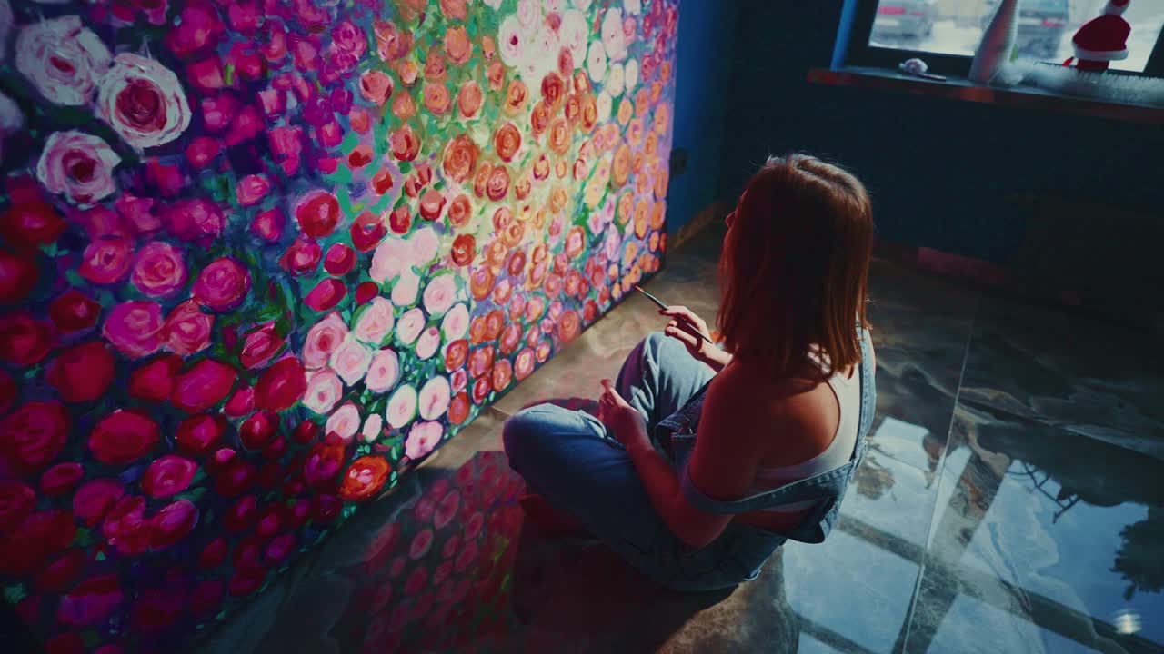 Ung kvinde maler farverige blomstermotiver på et stort lærred