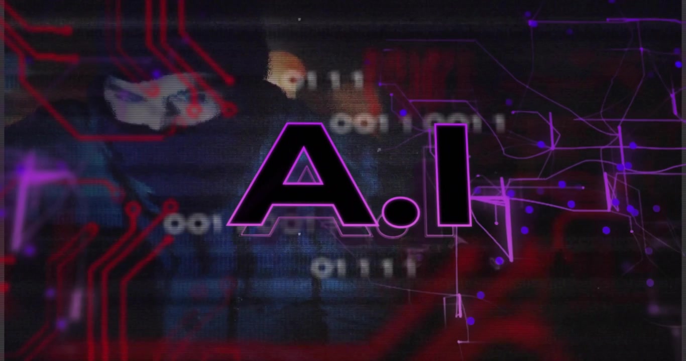 Glitching screen sparking red circuit nodes emerging as AI logo fading mid revealing binary network