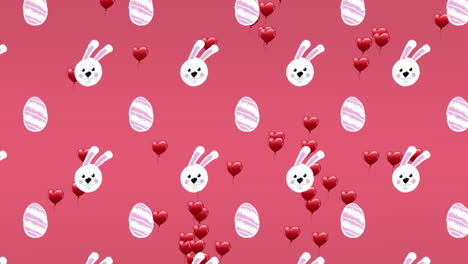 animación de conejos y huevos blancos que caen sobre un fondo rosa