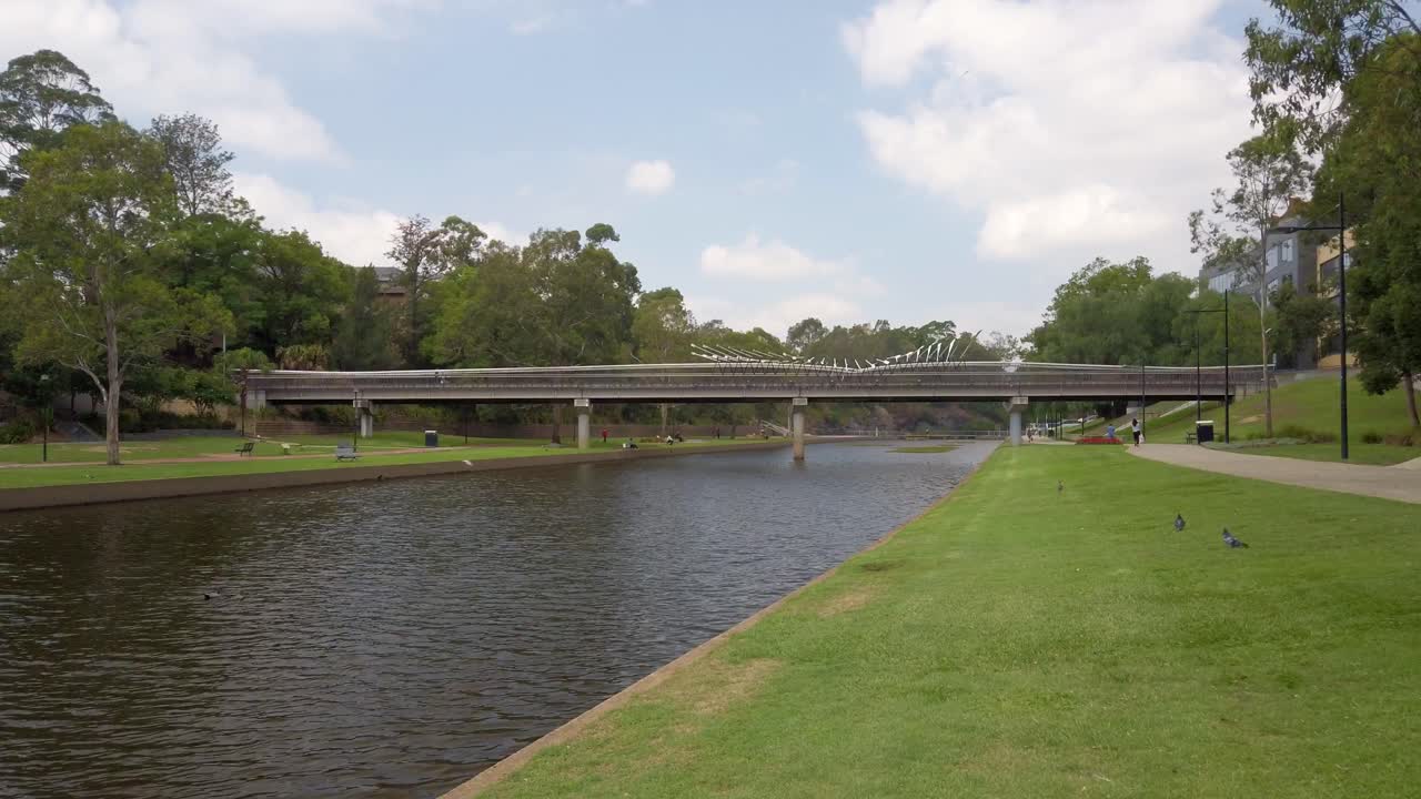 Beautiful, calm and quiet park with green grass and creek